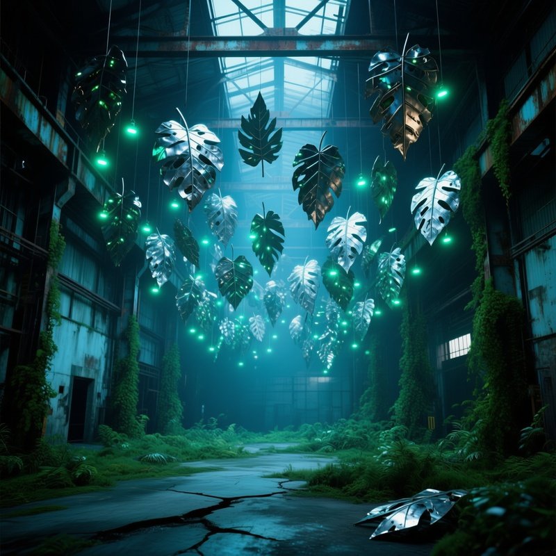 Abandoned Warehouse Transformed Jungle Metal Leaves Leds