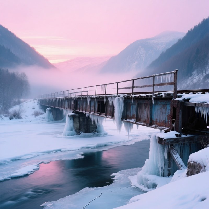 Abandoned Wooden Train Bridge Frozen River Mountain Valley