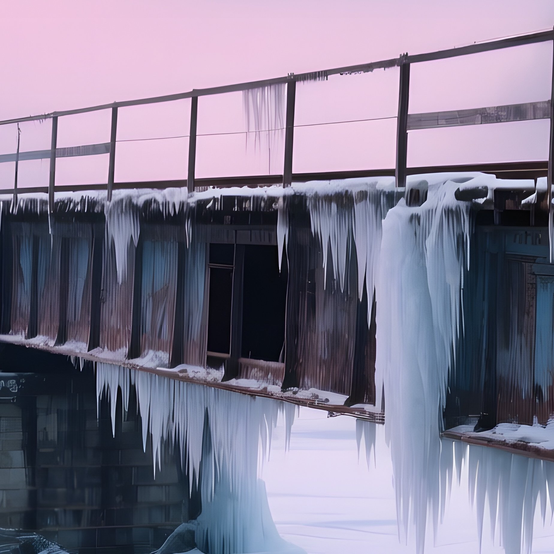 Abandoned Wooden Train Bridge Frozen River Mountain Valley - Full Resolution Quality Preview