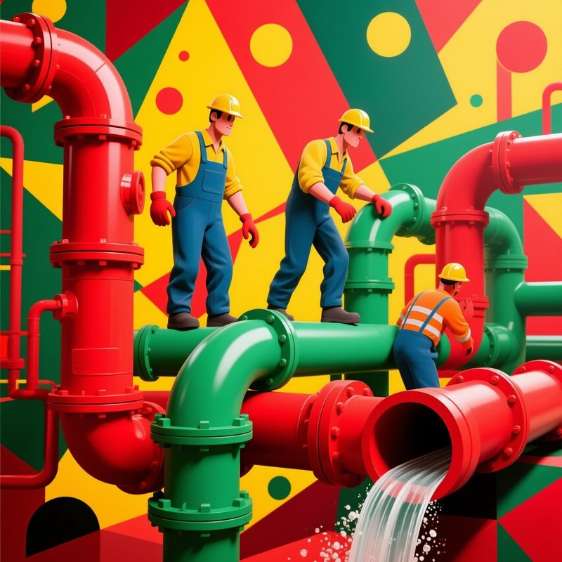 Abstract Art Workers Laying Drainage Pipes Underground