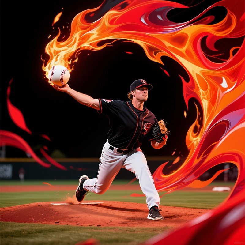 Abstract Baseball Pitcher Vortex Kane Throwing A Curveball Of Fire