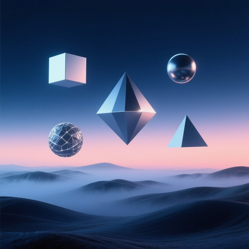 Abstract Symbolic Landscape With Floating Geometric Shapes