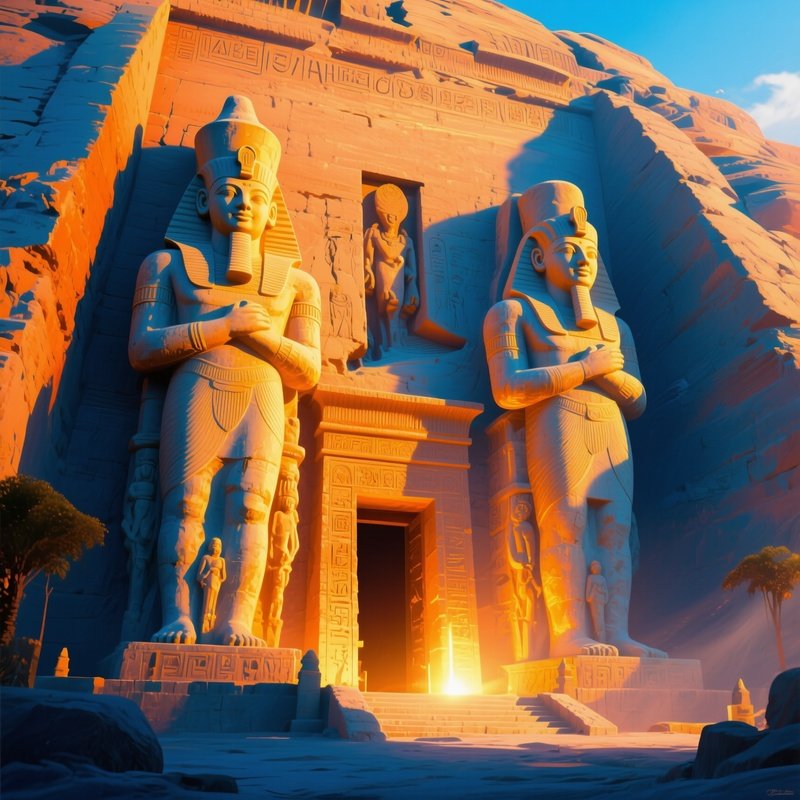 Abu Simbel Statues Glowing Dawn Sunlight Entrance Concept Art