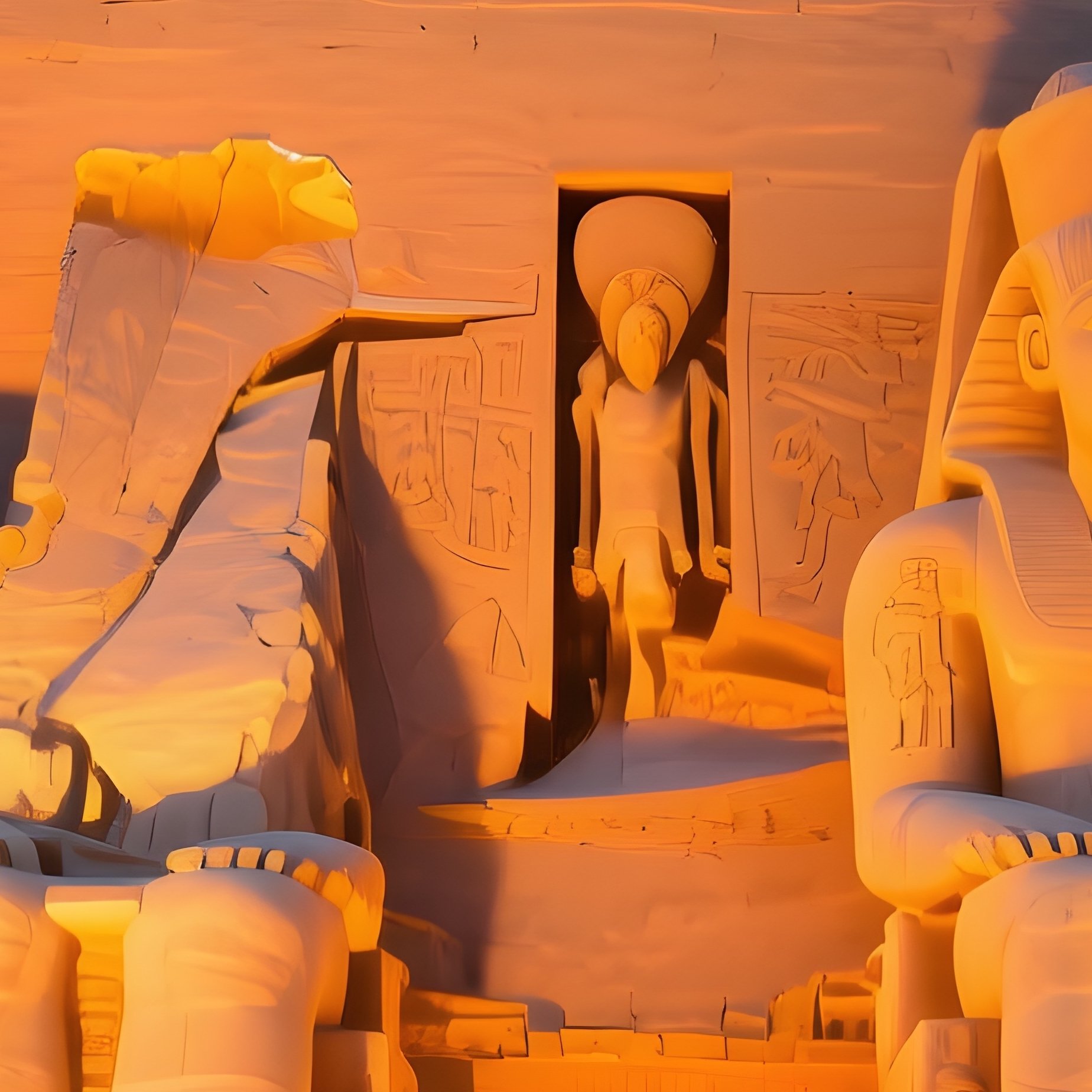 Abu Simbel Statues Glowing Dawn Sunlight Entrance - Full Resolution Quality Preview