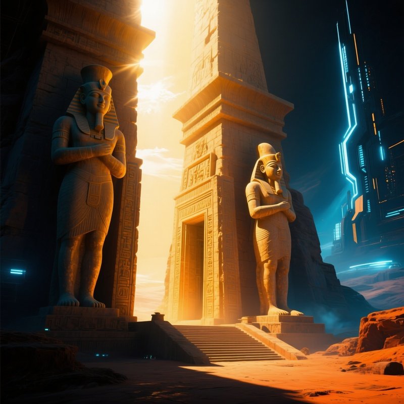 Abu Simbel Statues Glowing Dawn Sunlight Entrance Science Fiction