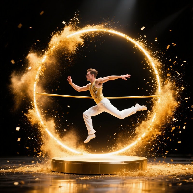 Acrobats Running Around Golden Ring Illuminated By Sawdust