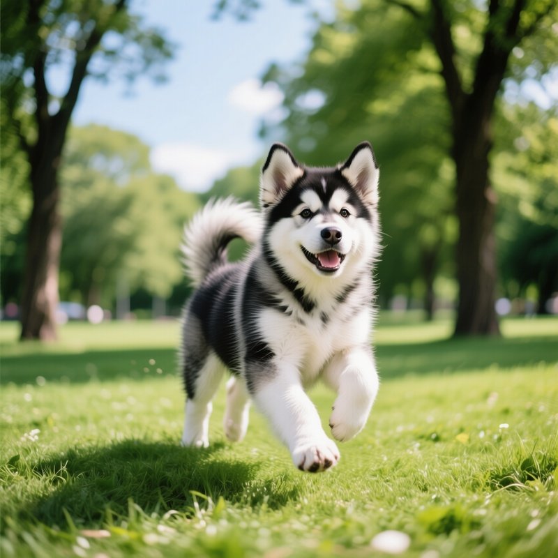 Adorable Puppy Alaskan Malamute Playing Outdoor