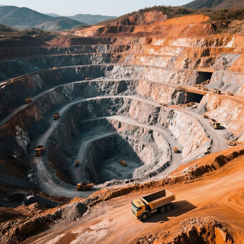Aerial Drone View Of Terraced Open Pit Copper Mine