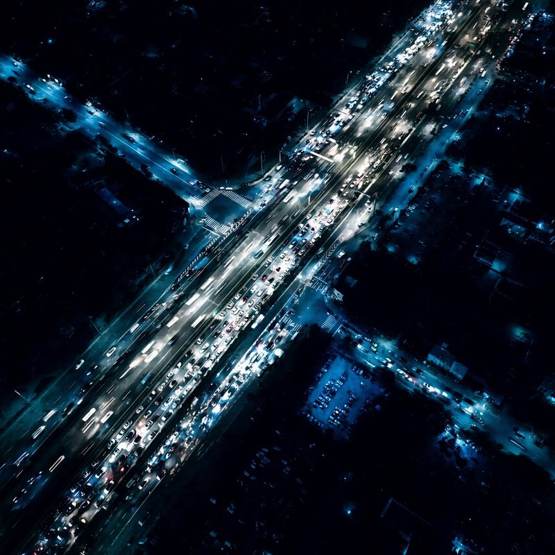 Aerial View Of A Busy Highway At Night Aerial Highway