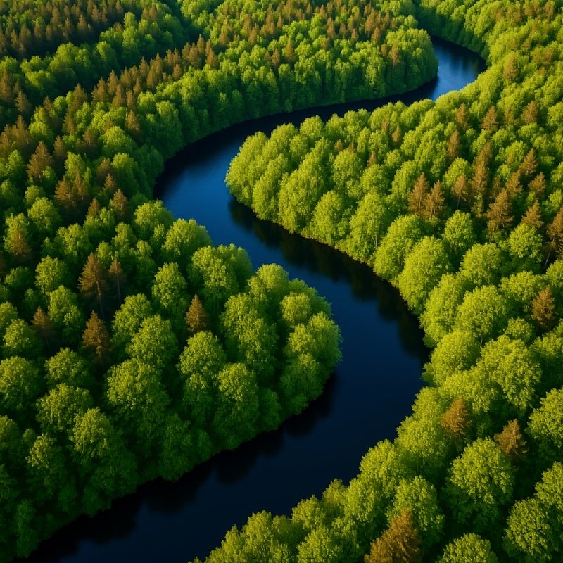 Aerial View Of A Forest And River Aerial Forest