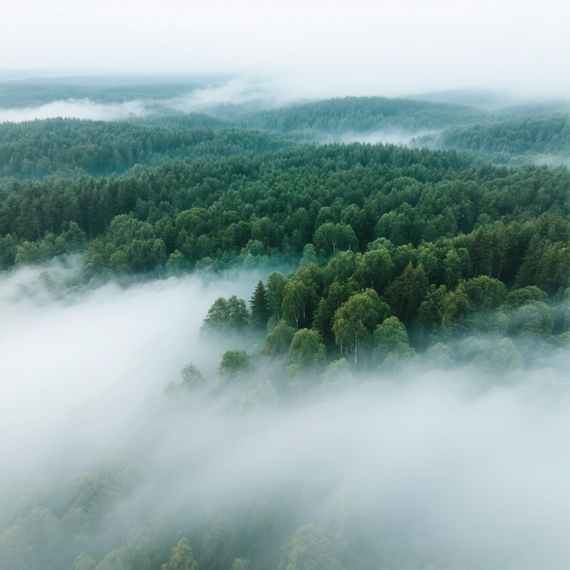 Aerial View Of A Forest Covered In Mist Forest Mist