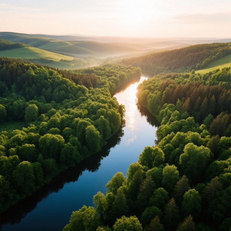 Aerial View Of A Lush Green Forest And River Aerial Forest