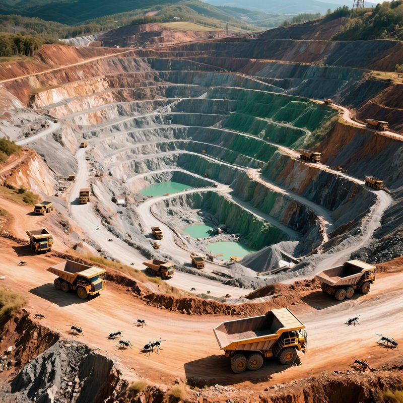 Aerial View Of Terraced Copper Mine With Ant Size Trucks