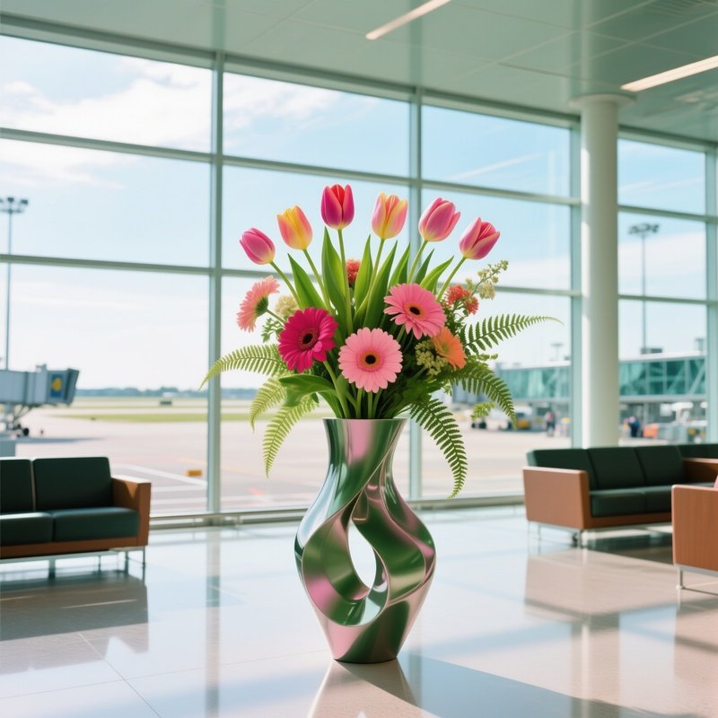 Airport Lounge Sculpture Vase Tulips Daisies Ferns