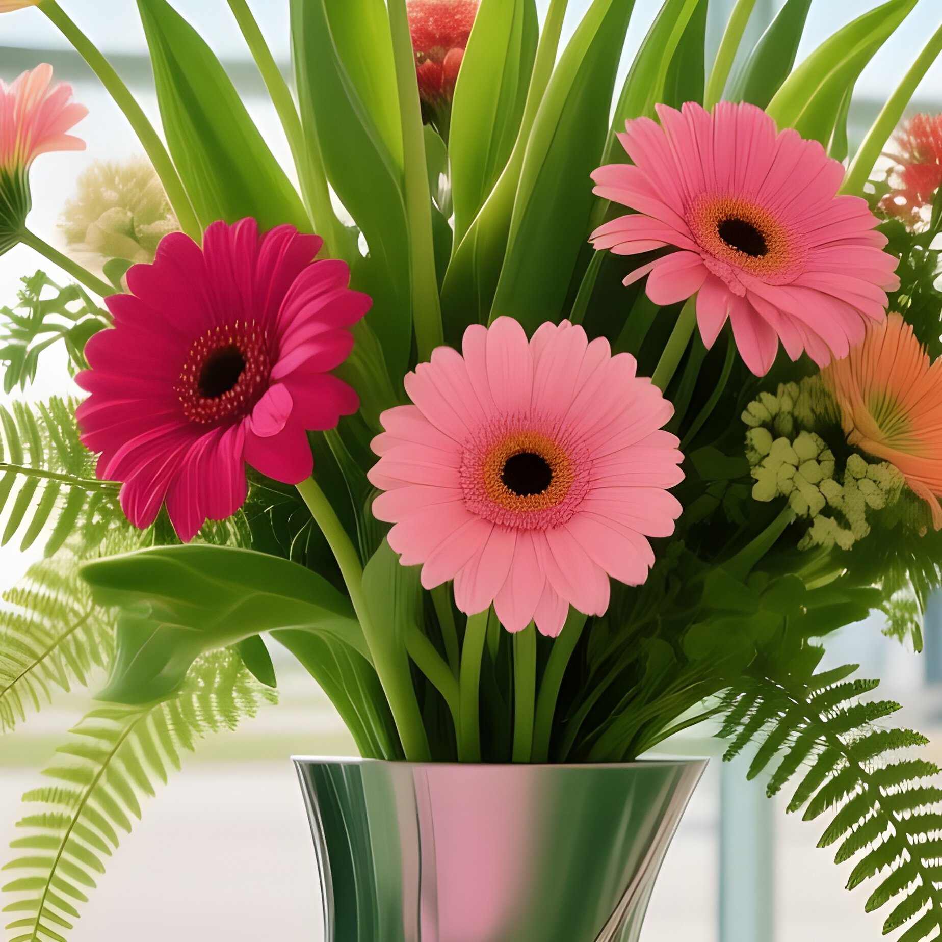Airport Lounge Sculpture Vase Tulips Daisies Ferns - Full Resolution Quality Preview