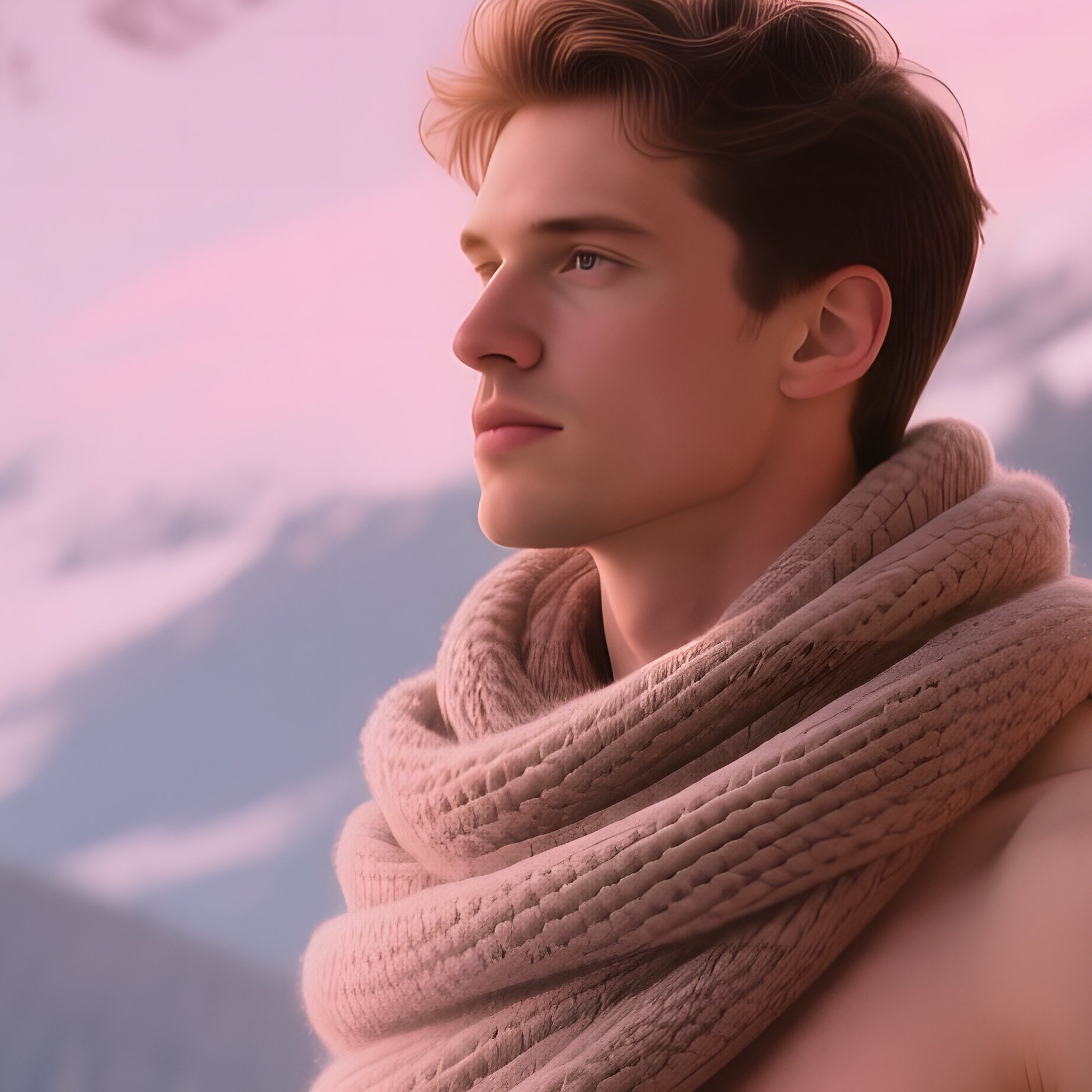 Alpine Chalet Balcony Nude Man Scarf Sunrise - Full Resolution Quality Preview