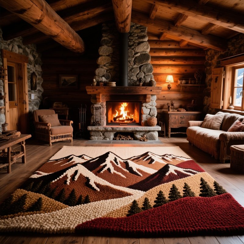 Alpine Chalet Interior With Roaring Fireplace And Knitted Mountain Rug