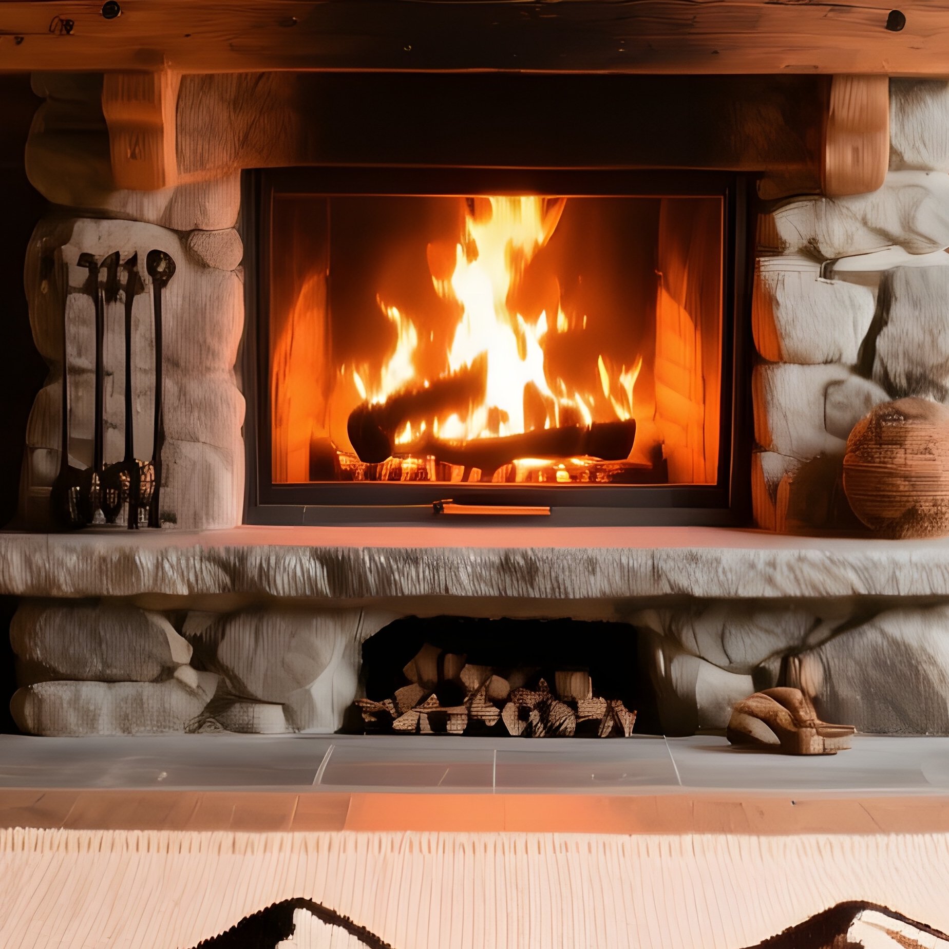 Alpine Chalet Interior With Roaring Fireplace And Knitted Mountain Rug - Full Resolution Quality Preview