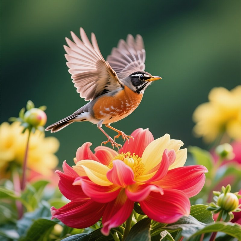 American Robin Blooming Flower Landing