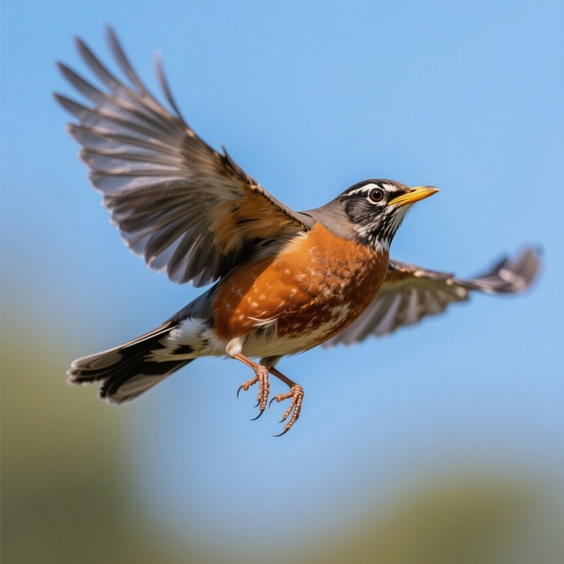 American Robin Hovering Midair Focused Eyes