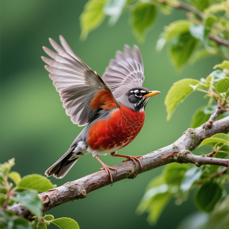 American Robin Stretching Wings After Flight