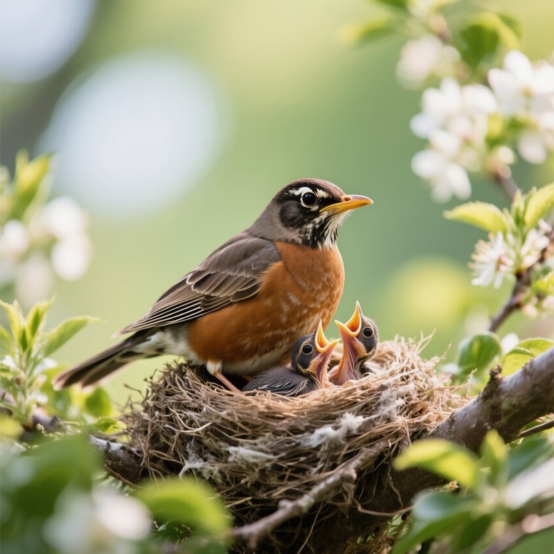 American Robins Nesting In Spring