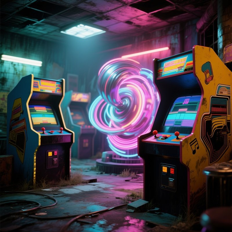 An Abandoned Amusement Arcade Bathed In Neon, Vintage Game Cabinets Transformed Into Kinetic