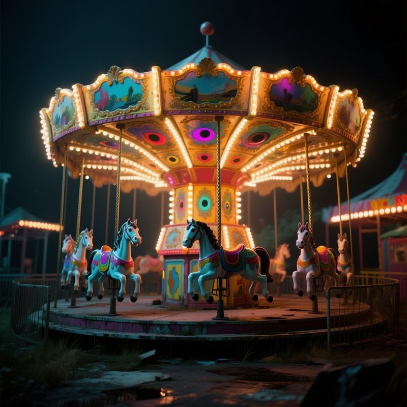 An Abandoned Amusement Carousel Illuminated By Flickering Carnival Lights, Each Horse’S Painted