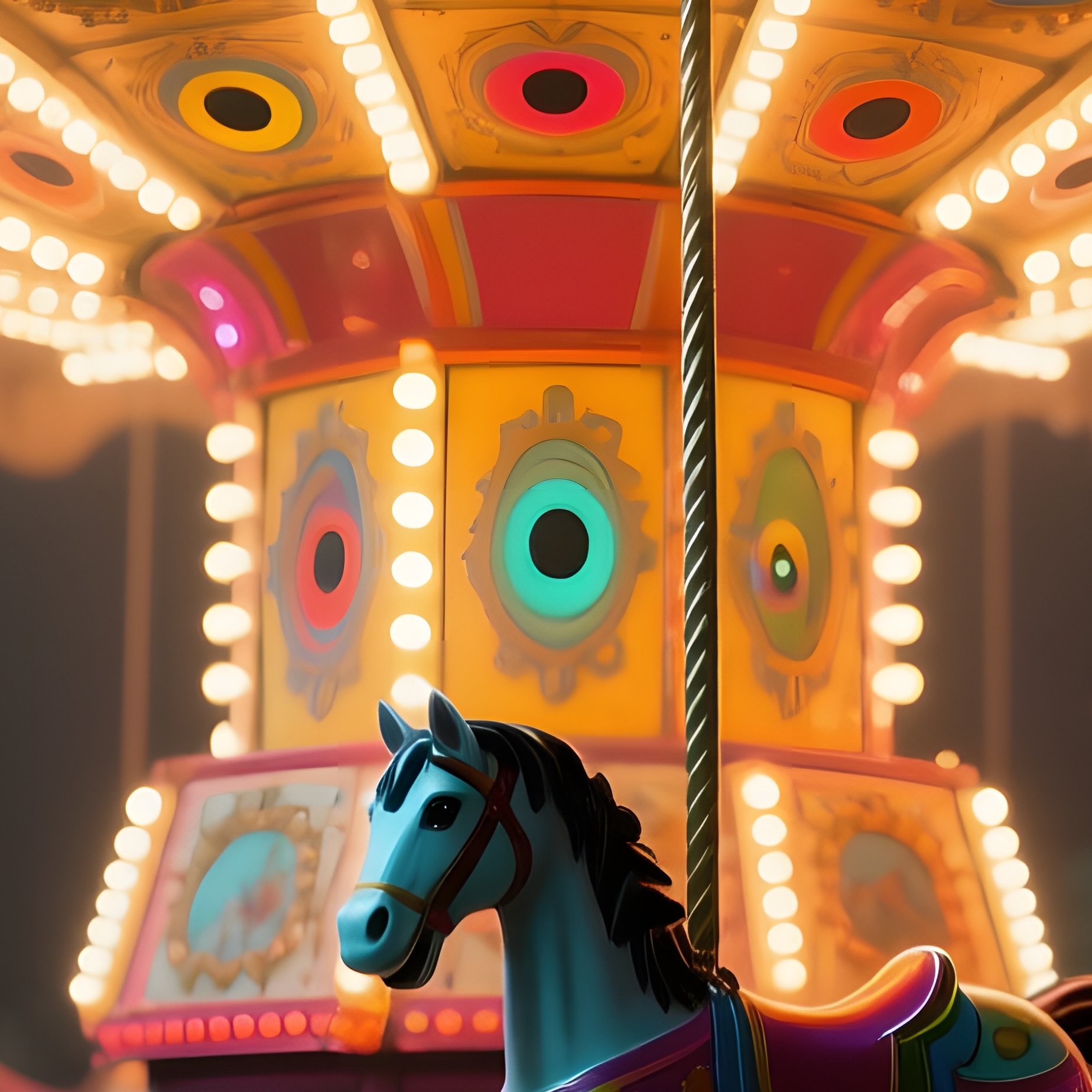 An Abandoned Amusement Carousel Illuminated By Flickering Carnival Lights, Each Horse’S Painted - Full Resolution Quality Preview