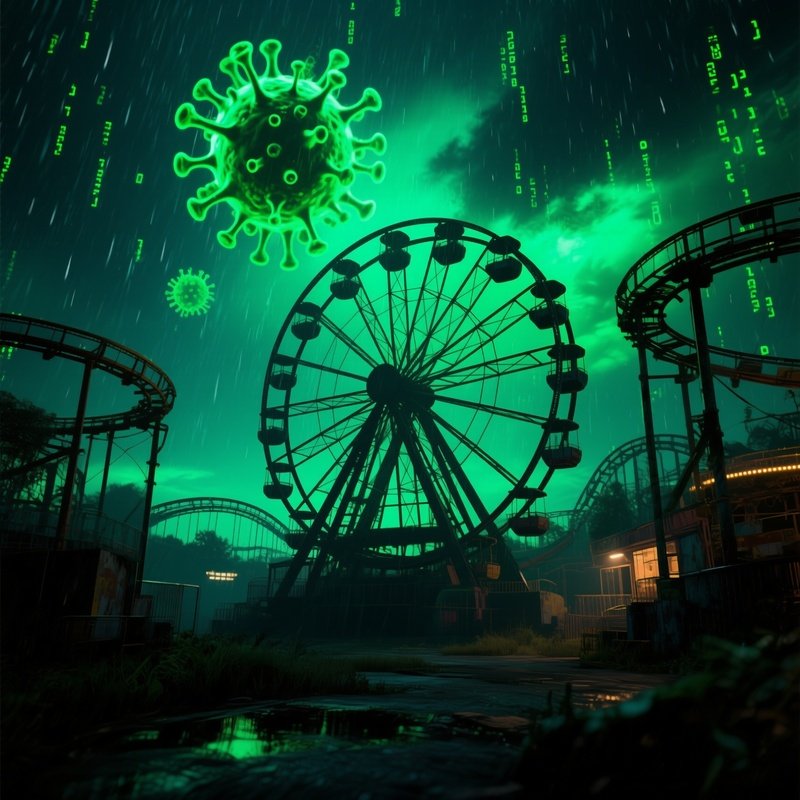 An Abandoned Amusement Park At Night, The Ferris Wheel Silhouetted Against A Sky Filled With