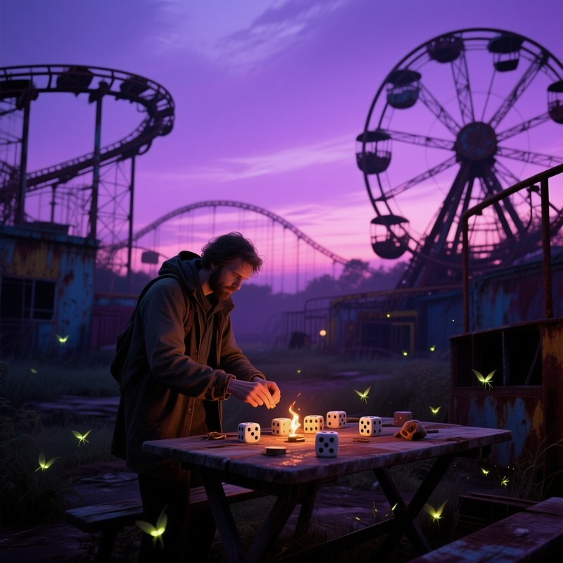 An Abandoned Amusement Park At Twilight, Rusted Rides Silhouetted Against A Purple Sky As A Lone