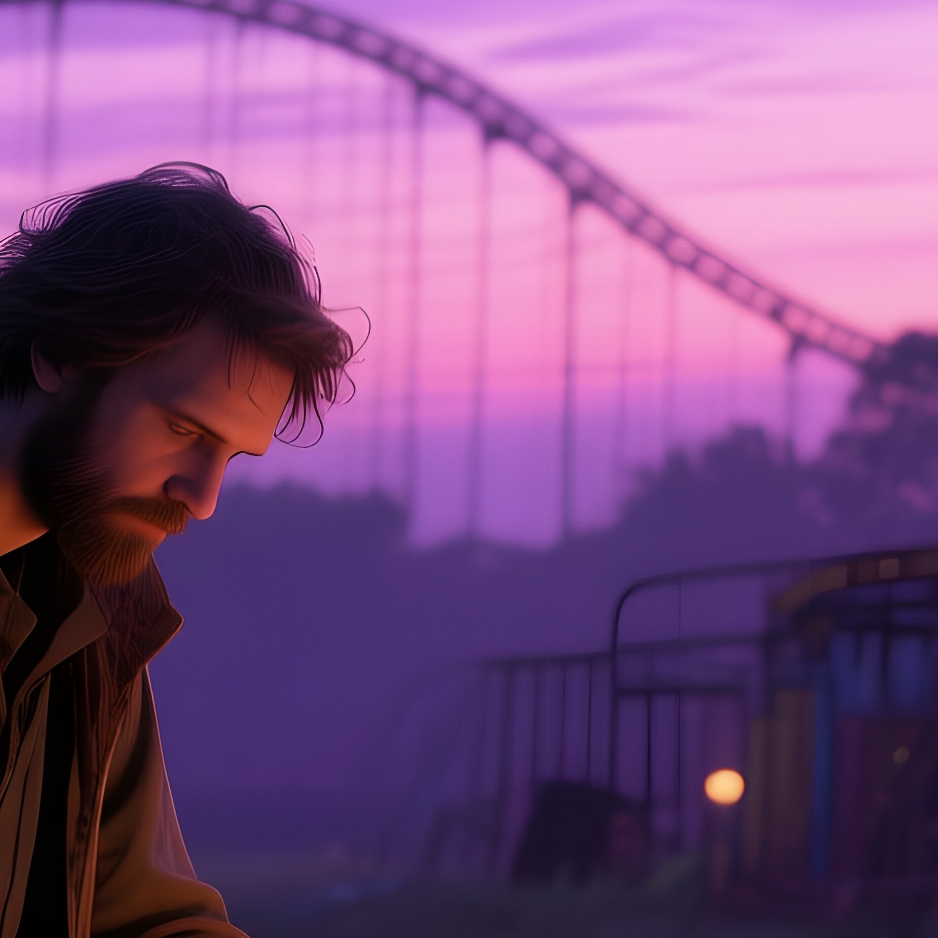 An Abandoned Amusement Park At Twilight, Rusted Rides Silhouetted Against A Purple Sky As A Lone - Full Resolution Quality Preview