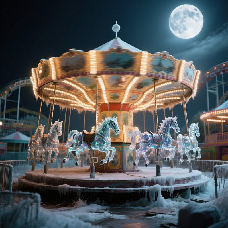 An Abandoned Amusement Park Carousel Frozen Mid Turn, Each Horse Replaced By A Surreal Creature
