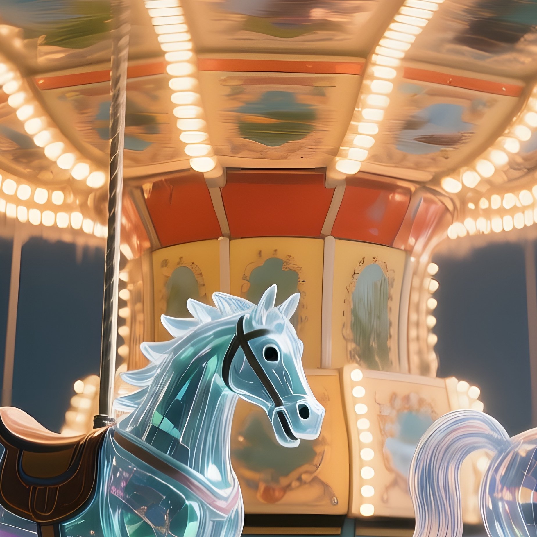 An Abandoned Amusement Park Carousel Frozen Mid Turn, Each Horse Replaced By A Surreal Creature - Full Resolution Quality Preview