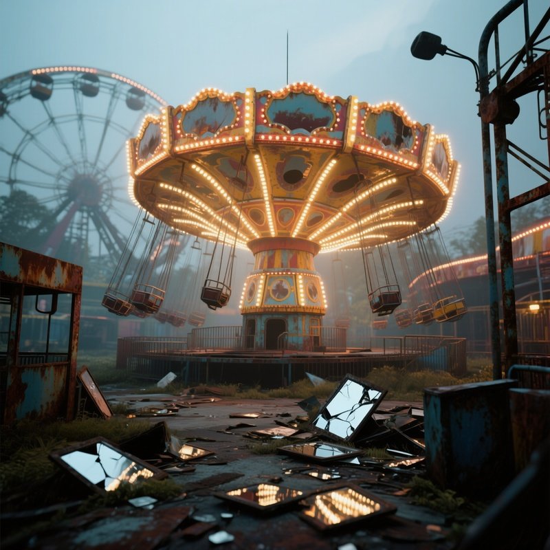 An Abandoned Amusement Park Ride Illuminated By Flickering Strobe Lights, Creating Disorienting