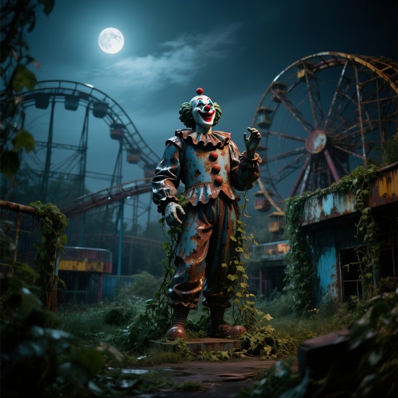 An Abandoned Amusement Park Where A Rusted Steel Clown Statue Stands Amid Overgrown Vines, Bathed