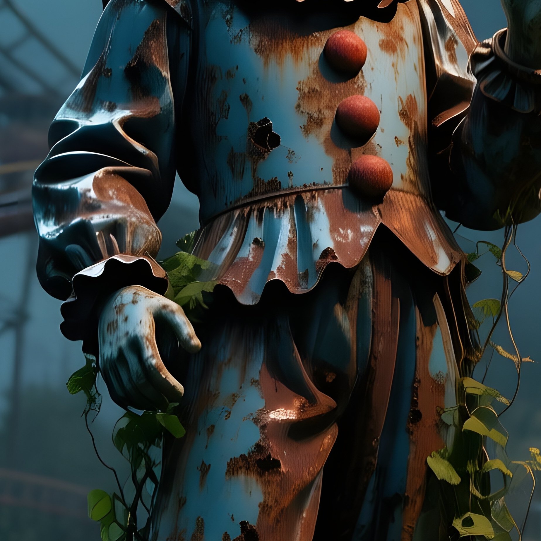 An Abandoned Amusement Park Where A Rusted Steel Clown Statue Stands Amid Overgrown Vines, Bathed - Full Resolution Quality Preview