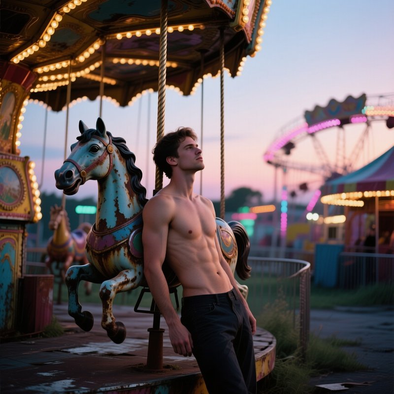 An Abandoned Carnival Midway At Dusk, A Nude Man Leaning Against A Rusted Carousel Horse, Fading