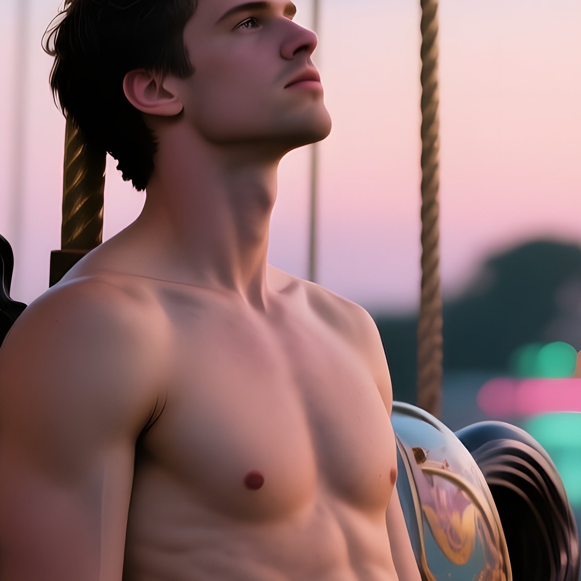 An Abandoned Carnival Midway At Dusk, A Nude Man Leaning Against A Rusted Carousel Horse, Fading - Full Resolution Quality Preview