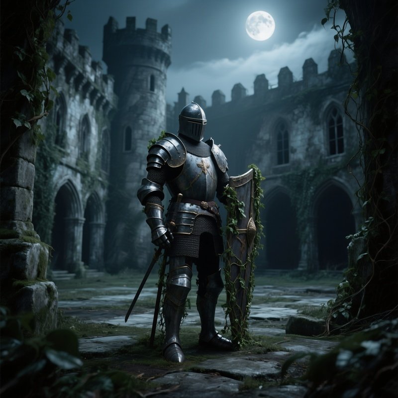 An Abandoned Castle Courtyard Where A Weathered Stone Knight Stands Guard, Vines Crawling Up Its