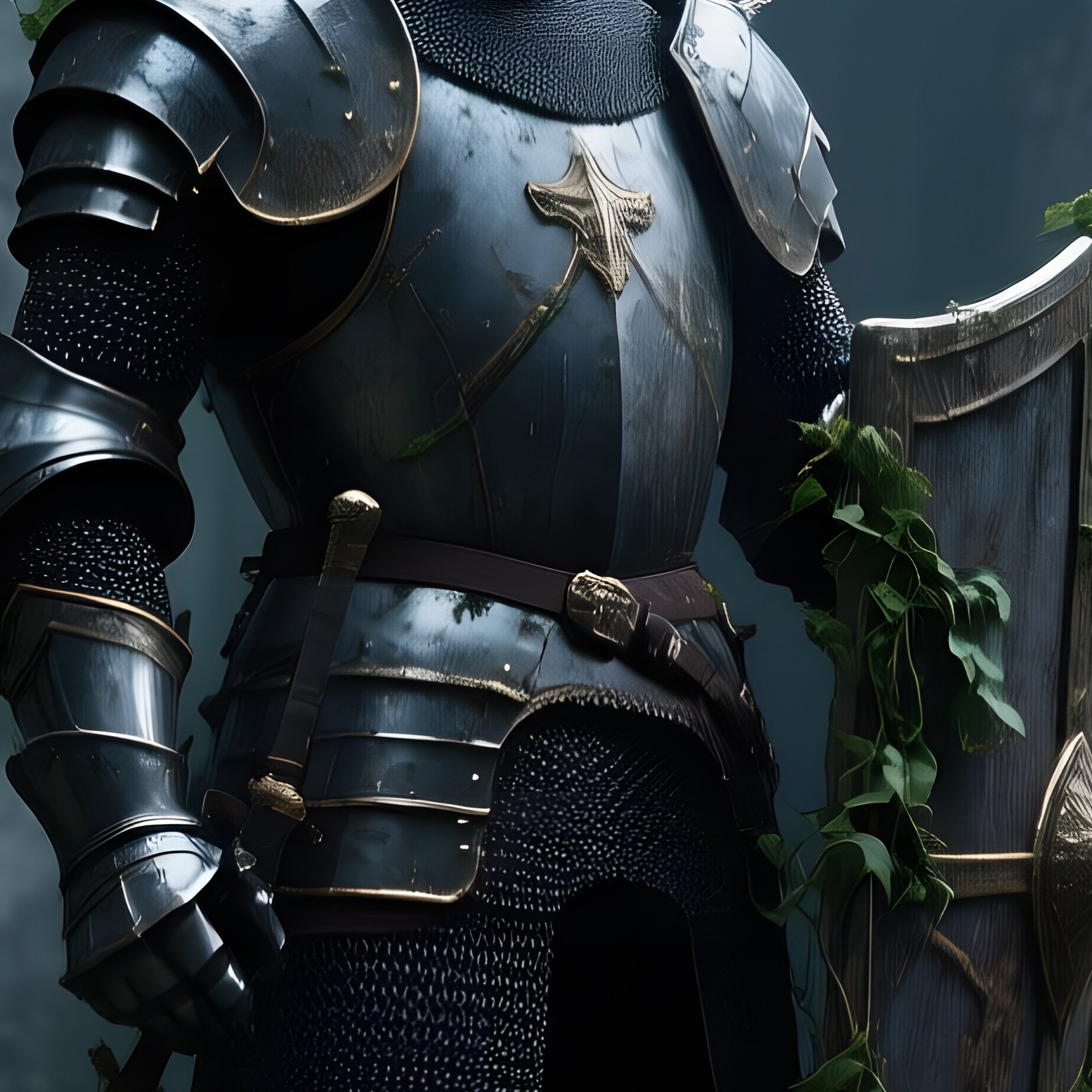 An Abandoned Castle Courtyard Where A Weathered Stone Knight Stands Guard, Vines Crawling Up Its - Full Resolution Quality Preview