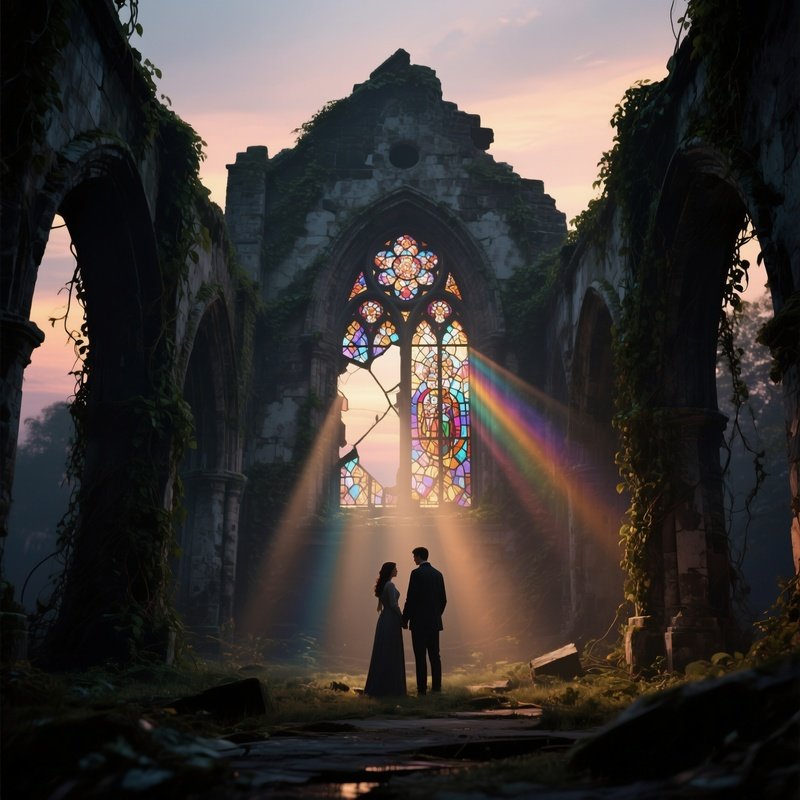 An Abandoned Cathedral Ruin At Dusk, Vines Crawling Over Stone Arches As A Couple Stands Beneath A