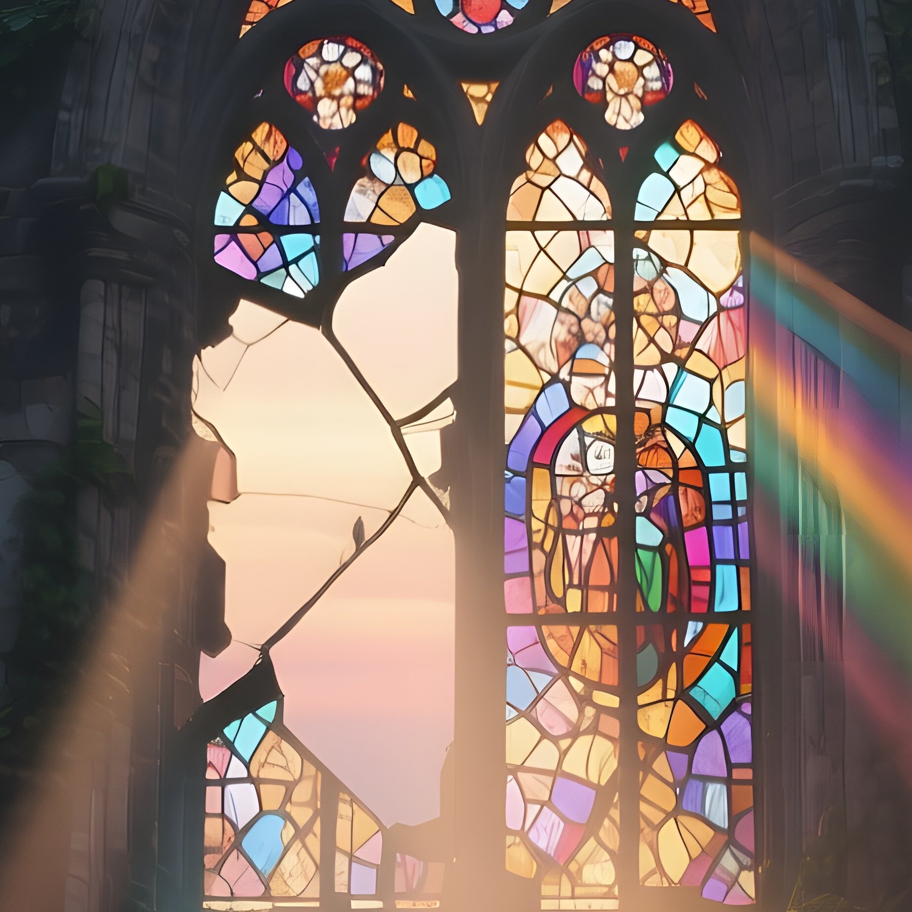 An Abandoned Cathedral Ruin At Dusk, Vines Crawling Over Stone Arches As A Couple Stands Beneath A - Full Resolution Quality Preview