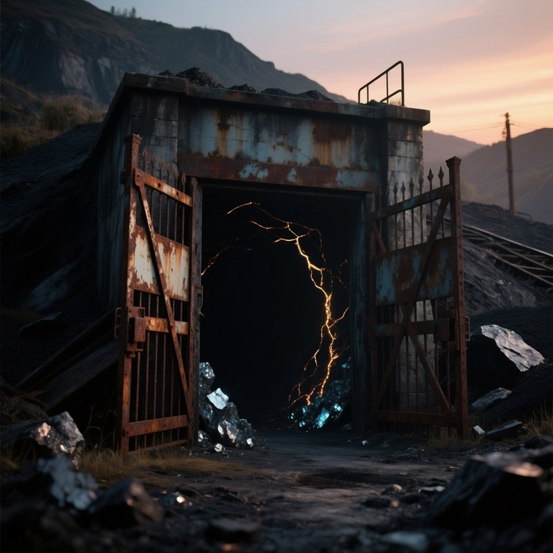 An Abandoned Coal Mine Entrance At Dusk, Rusted Gates Creaking Open To Reveal Darkness Punctuated
