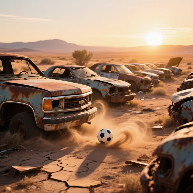 An Abandoned Desert Junkyard At Golden Hour, Rusted Pickup Trucks And Broken Down Convertibles