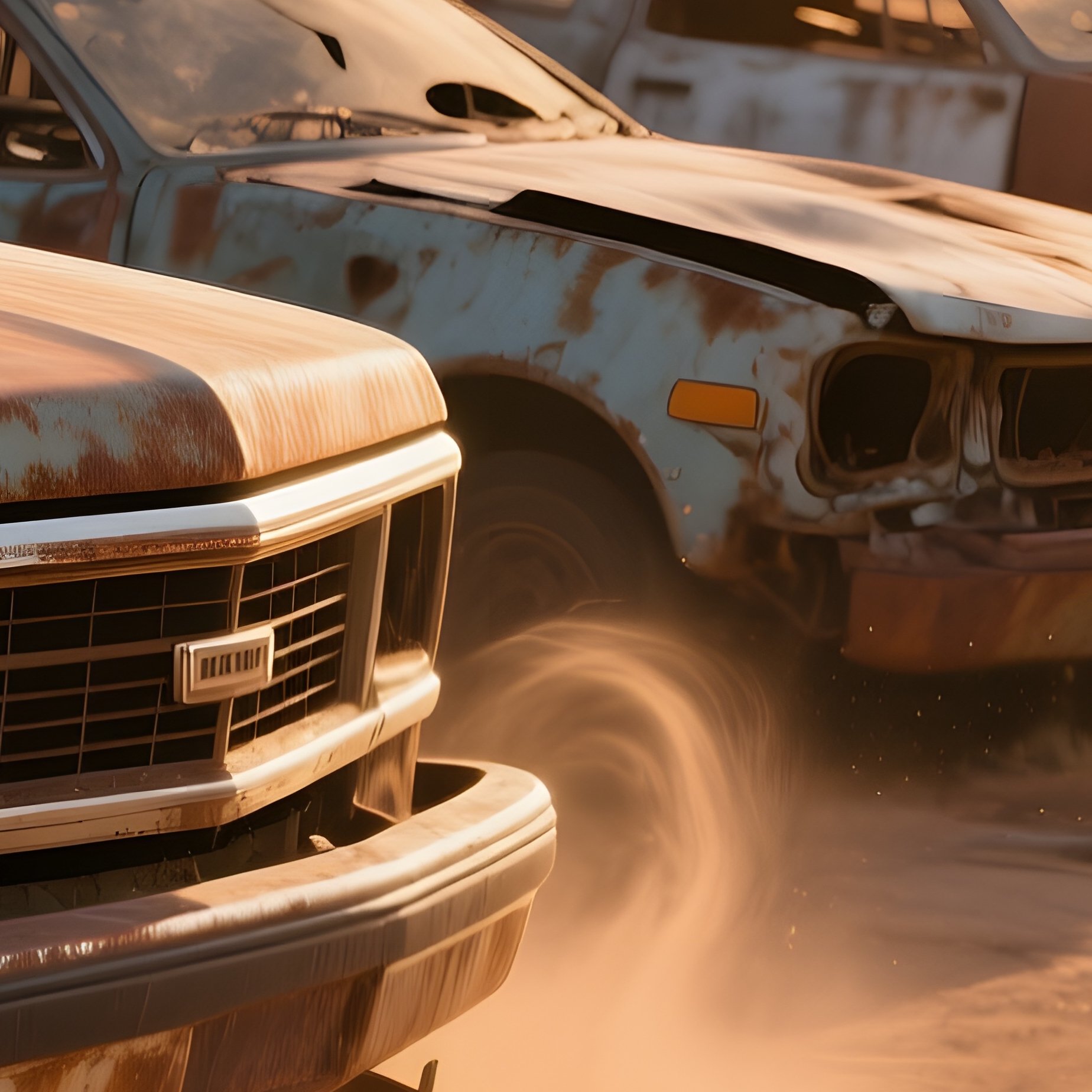 An Abandoned Desert Junkyard At Golden Hour, Rusted Pickup Trucks And Broken Down Convertibles - Full Resolution Quality Preview
