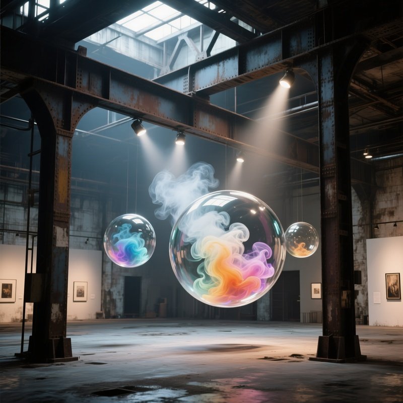 An Abandoned Factory Floor Repurposed As A Gallery, Massive Steel Beams Support Floating Glass Orbs