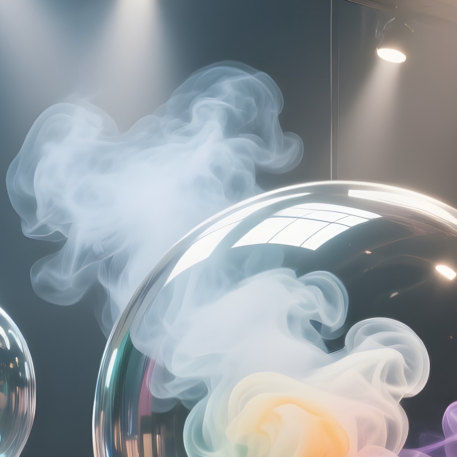 An Abandoned Factory Floor Repurposed As A Gallery, Massive Steel Beams Support Floating Glass Orbs - Full Resolution Quality Preview