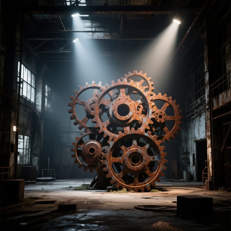 An Abandoned Factory Repurposed For Art, With Massive Rusted Gears Turned Into Abstract Sculptures,