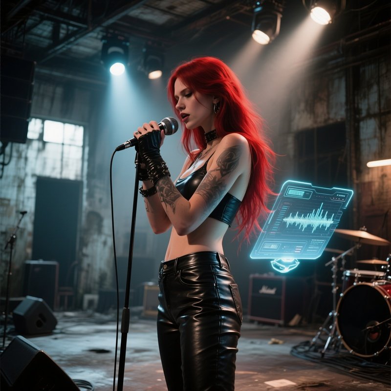 An Abandoned Factory Turned Music Venue, A Rock‑Styled Singer With Long Red Hair Grips A Futuristic